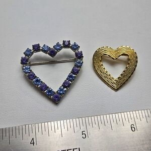 Heart Shaped Brooch Set Of 2 with Purple Rehinestone and Gold Tone